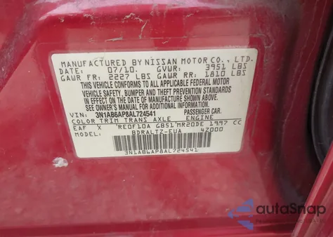 2010 Nissan Sentra 2.0Sr from USA, damaged, VIN 3N1AB6AP8AL724541